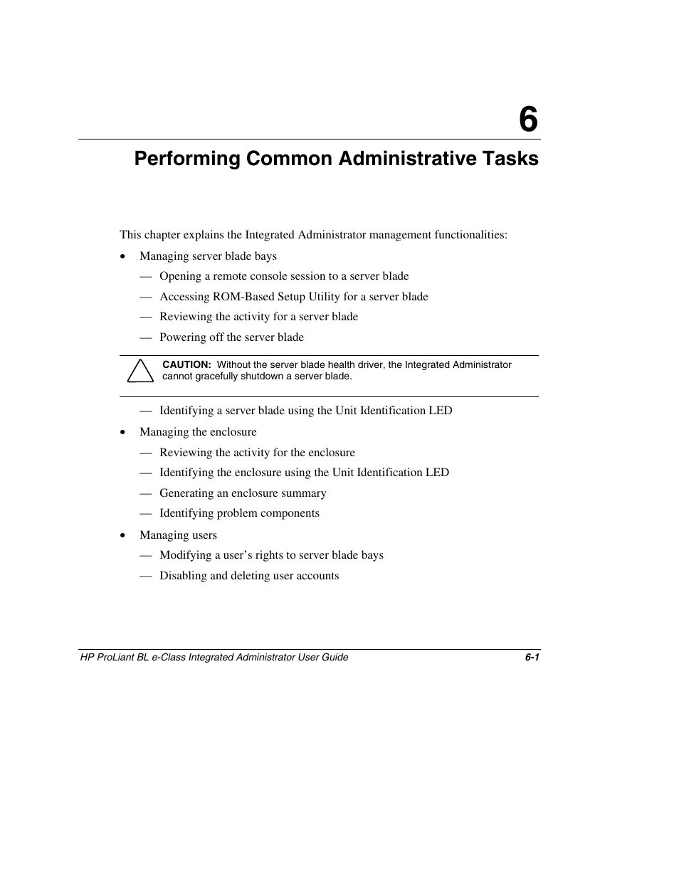 Chapter 6: performing common administrative tasks, Chapter 6, Performing common administrative tasks | HP ProLiant BL10e G2 Server Blade User Manual | Page 146 / 232