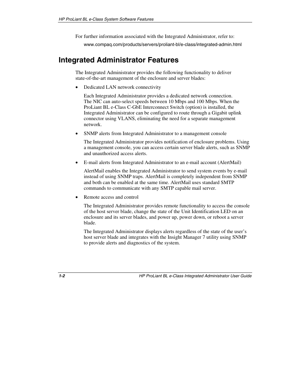 Integrated administrator features, Integrated administrator features -2 | HP ProLiant BL10e G2 Server Blade User Manual | Page 15 / 232