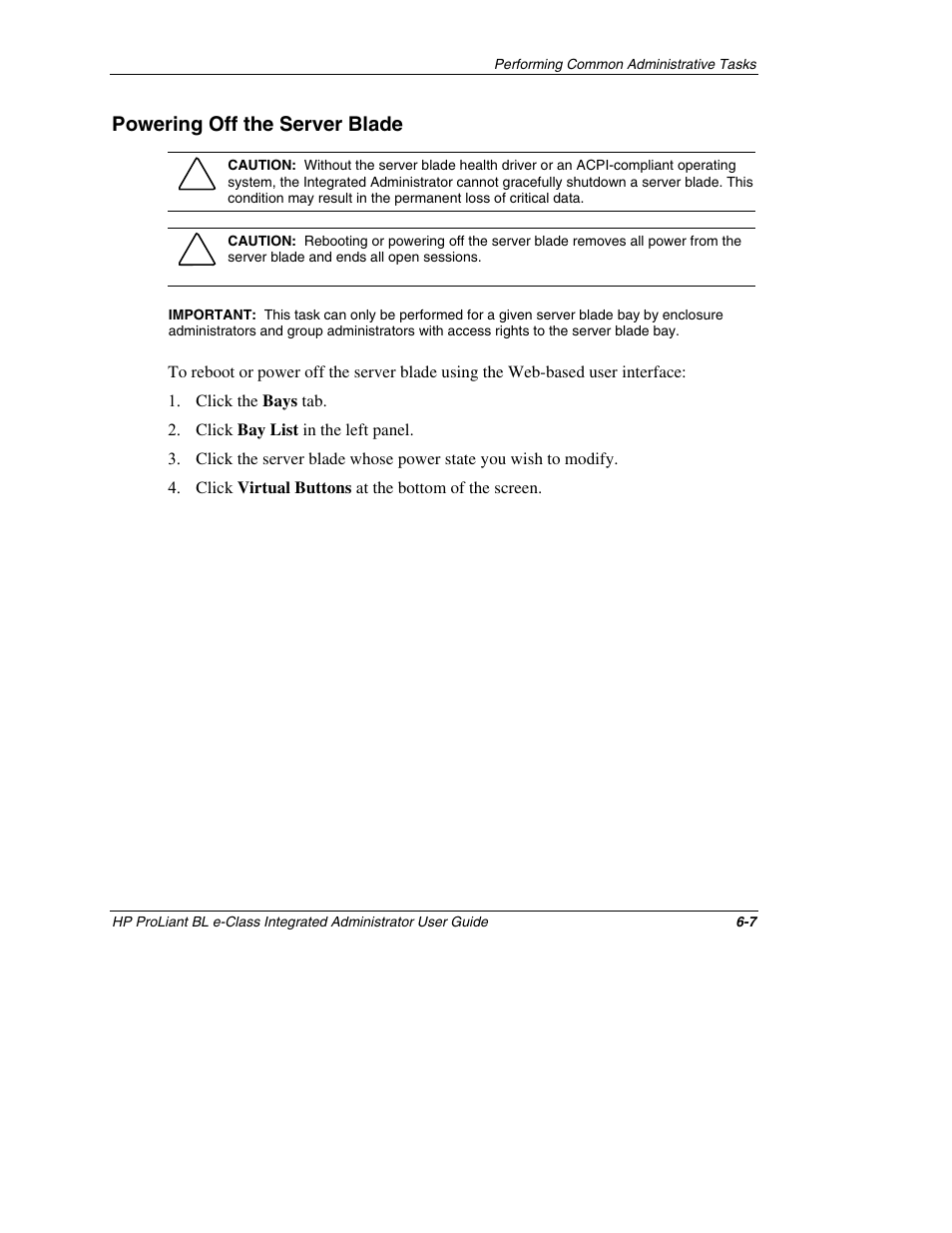 Powering off the server blade, Powering off the server blade -7 | HP ProLiant BL10e G2 Server Blade User Manual | Page 152 / 232