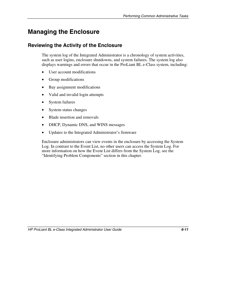 Managing the enclosure, Reviewing the activity of the enclosure, Managing the enclosure -11 | Reviewing the activity of the enclosure -11 | HP ProLiant BL10e G2 Server Blade User Manual | Page 156 / 232