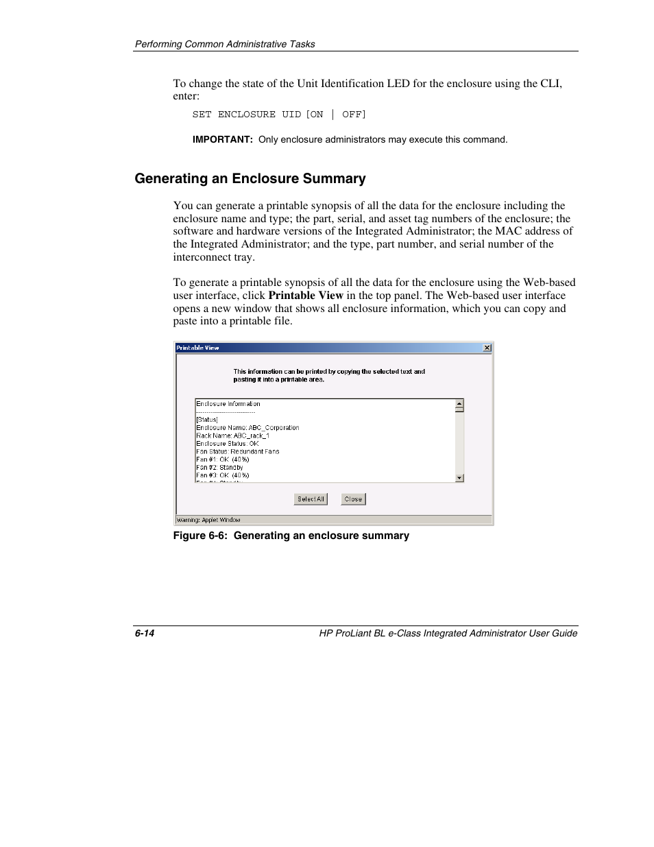 Generating an enclosure summary, Generating an enclosure summary -14 | HP ProLiant BL10e G2 Server Blade User Manual | Page 159 / 232