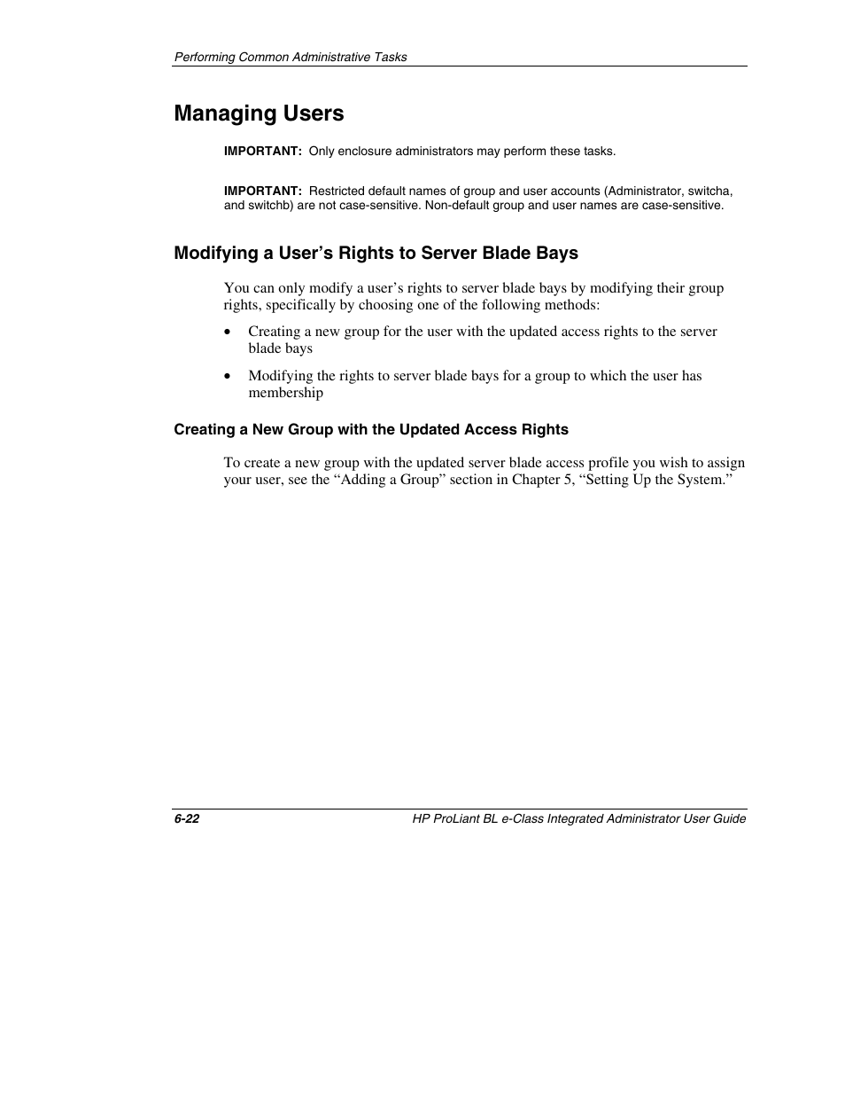 Managing users, Modifying a user’s rights to server blade bays, Managing users -22 | Modifying a user’s rights to server blade bays -22 | HP ProLiant BL10e G2 Server Blade User Manual | Page 167 / 232