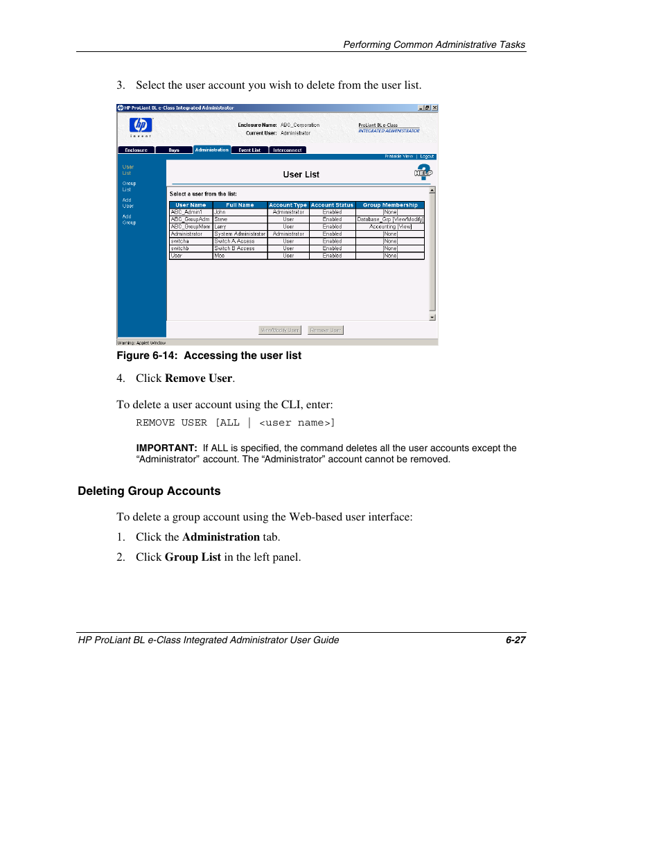 Deleting group accounts | HP ProLiant BL10e G2 Server Blade User Manual | Page 172 / 232