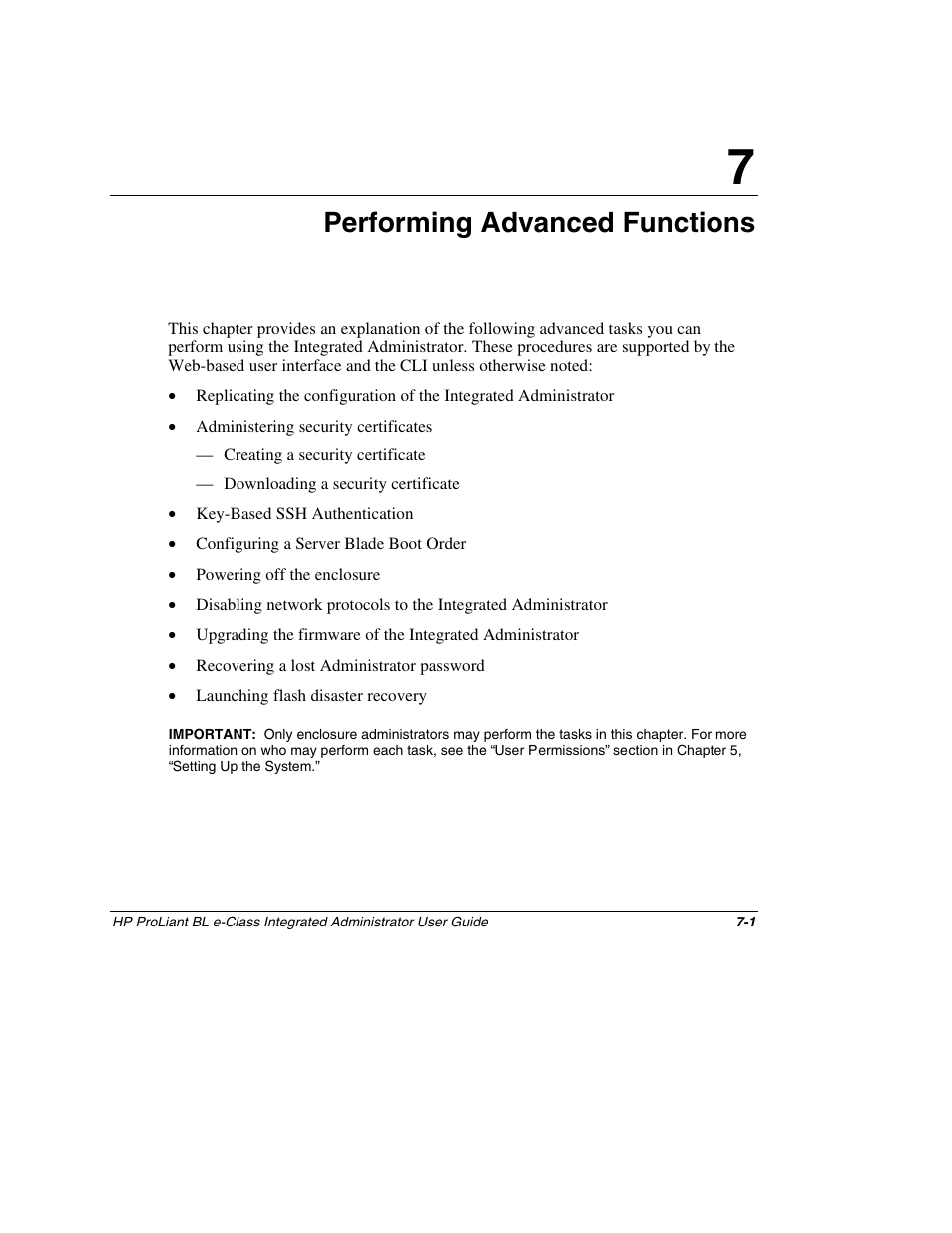 Chapter 7: performing advanced functions, Chapter 7, Performing advanced functions | HP ProLiant BL10e G2 Server Blade User Manual | Page 174 / 232