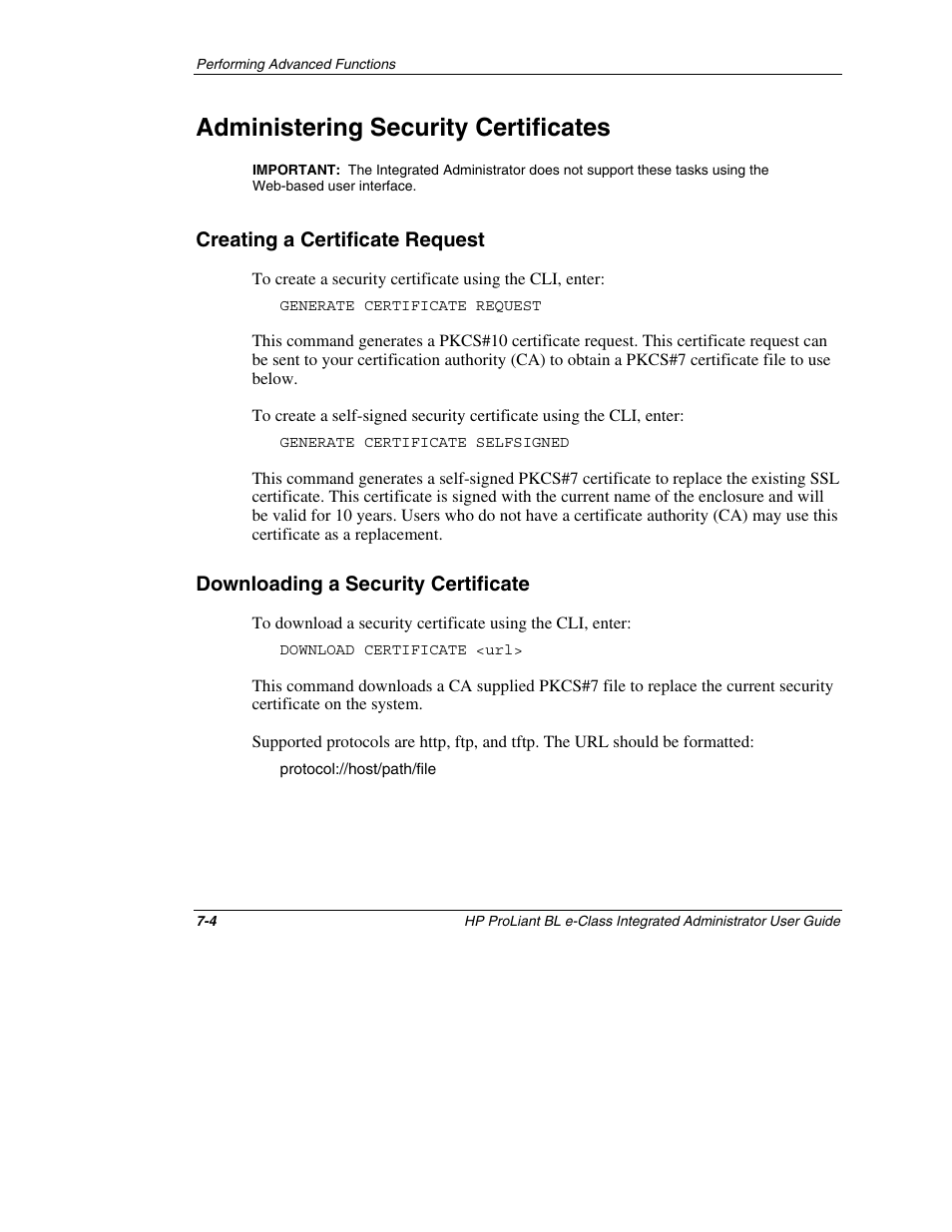 Administering security certificates, Creating a certificate request, Downloading a security certificate | Administering security certificates -4, Creating a certificate request -4, Downloading a security certificate -4 | HP ProLiant BL10e G2 Server Blade User Manual | Page 177 / 232
