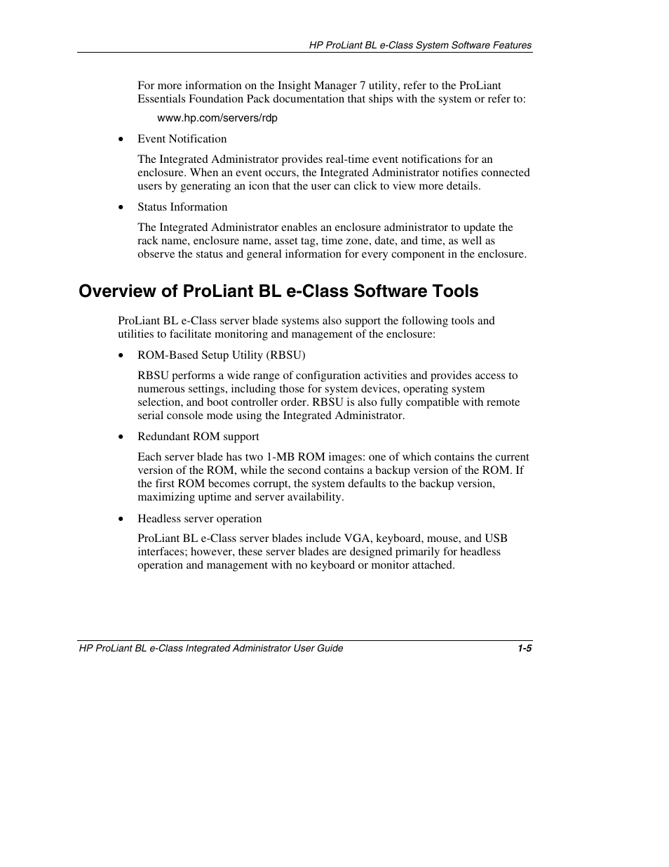Overview of proliant bl e-class software tools, Overview of proliant bl e-class software tools -5 | HP ProLiant BL10e G2 Server Blade User Manual | Page 18 / 232