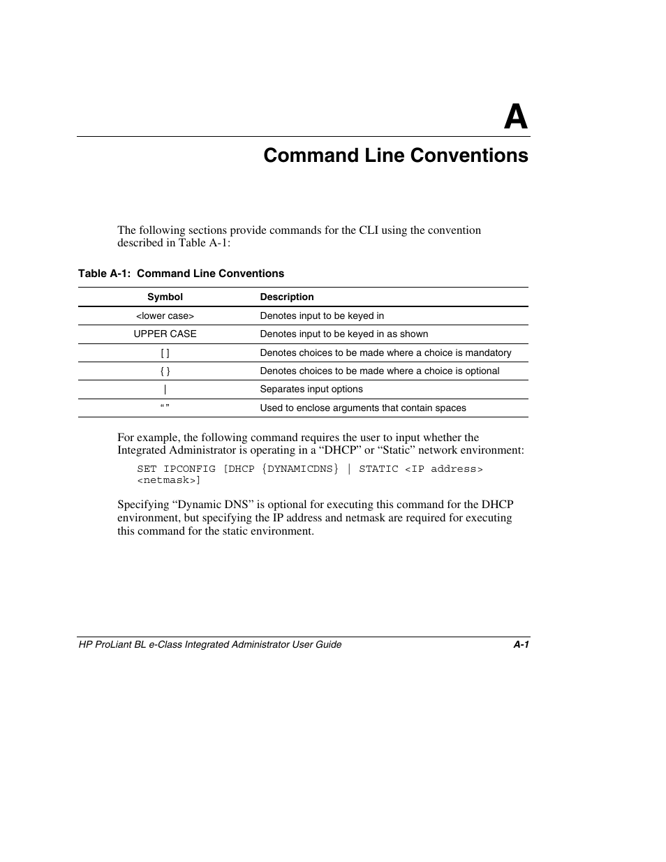 Appendix a: command line conventions, Appendix a, Command line conventions | HP ProLiant BL10e G2 Server Blade User Manual | Page 191 / 232