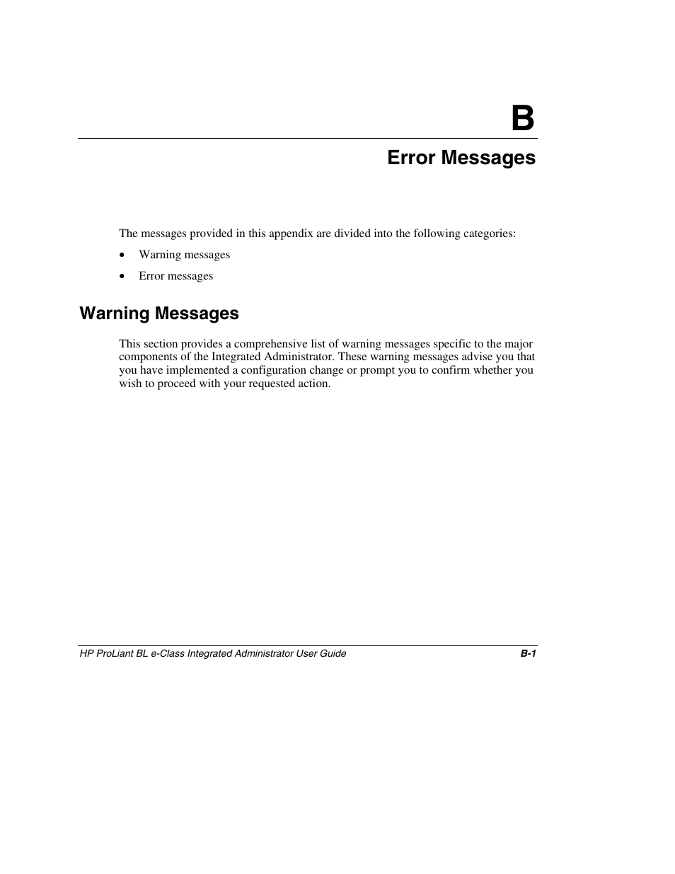 Appendix b: error messages, Warning messages, Appendix b | Error messages | HP ProLiant BL10e G2 Server Blade User Manual | Page 192 / 232