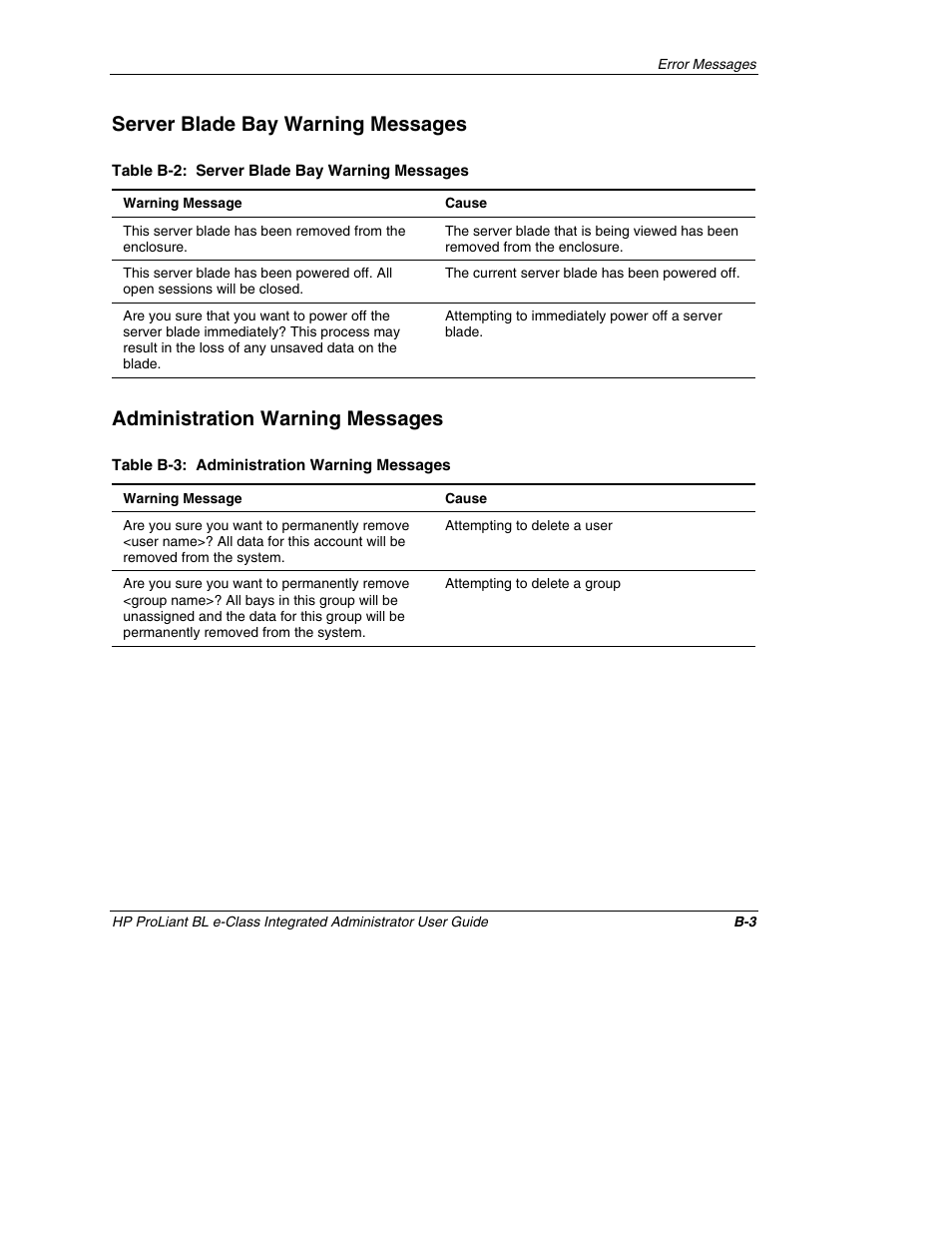 Server blade bay warning messages, Administration warning messages | HP ProLiant BL10e G2 Server Blade User Manual | Page 194 / 232