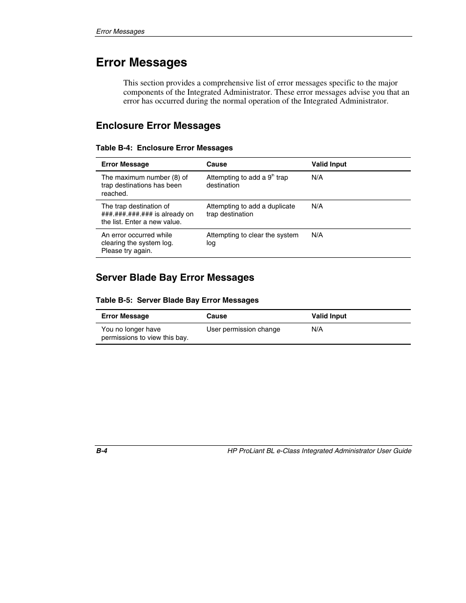 Error messages, Enclosure error messages, Server blade bay error messages | HP ProLiant BL10e G2 Server Blade User Manual | Page 195 / 232