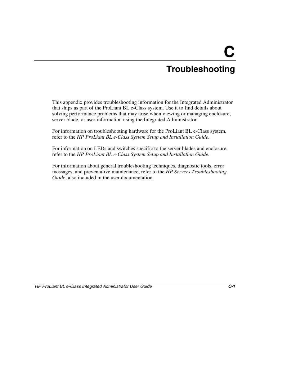 Appendix c: troubleshooting, Appendix c, Troubleshooting | HP ProLiant BL10e G2 Server Blade User Manual | Page 199 / 232