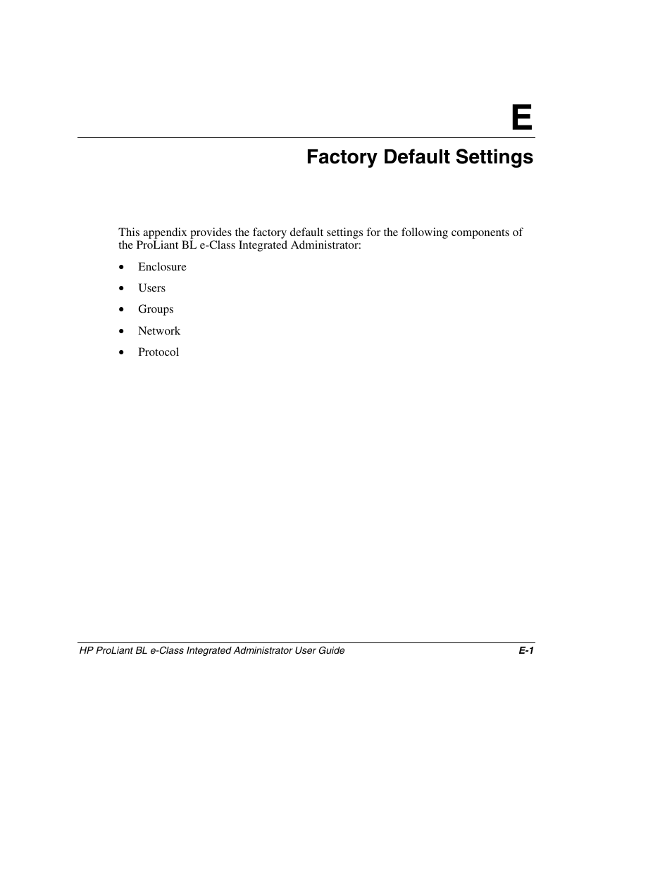 Appendix e: factory default settings, Appendix e, Factory default settings | HP ProLiant BL10e G2 Server Blade User Manual | Page 204 / 232