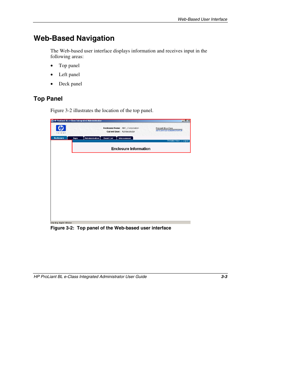 Web-based navigation, Top panel, Web-based navigation -3 | Top panel -3 | HP ProLiant BL10e G2 Server Blade User Manual | Page 35 / 232