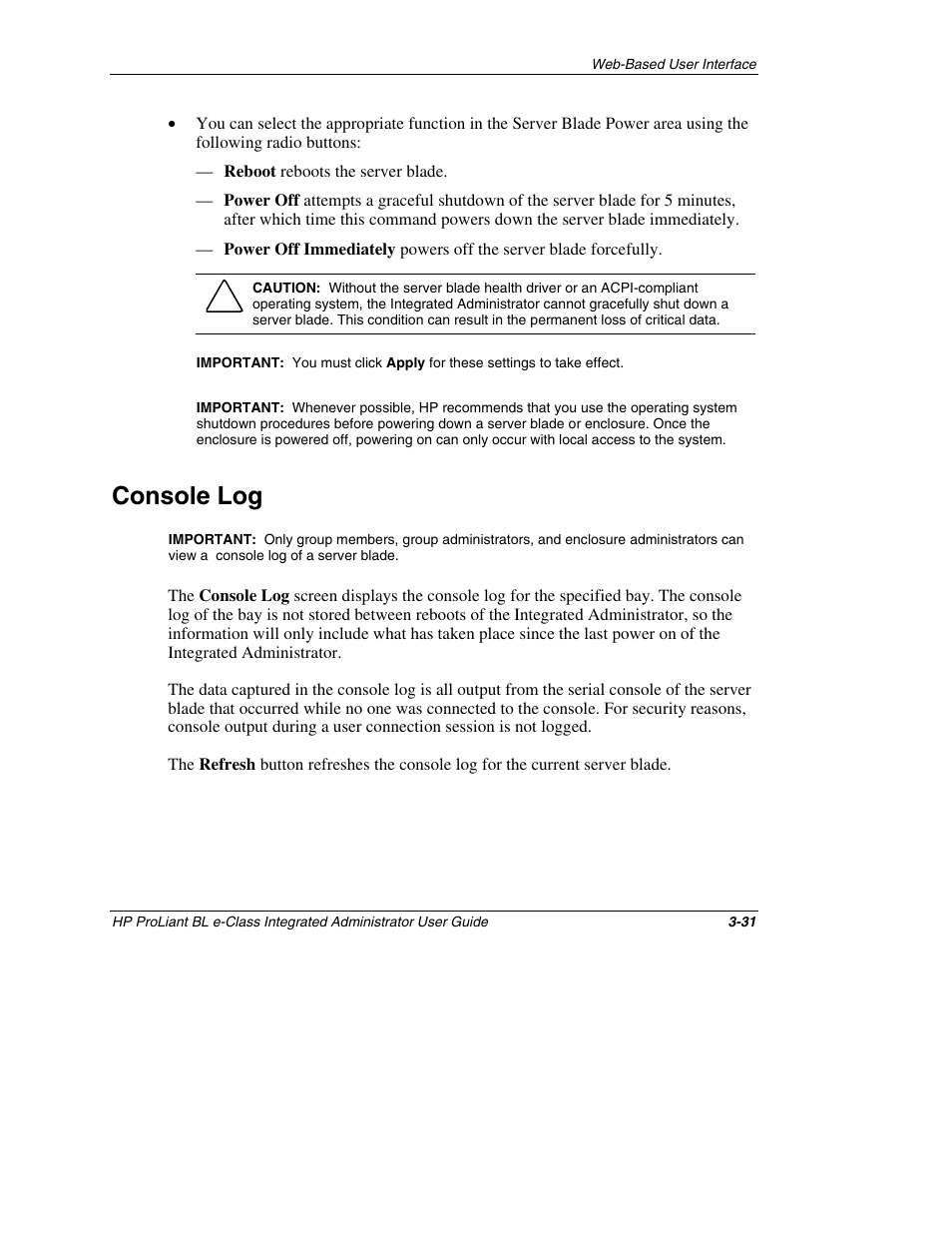 Console log, Console log -31 | HP ProLiant BL10e G2 Server Blade User Manual | Page 63 / 232