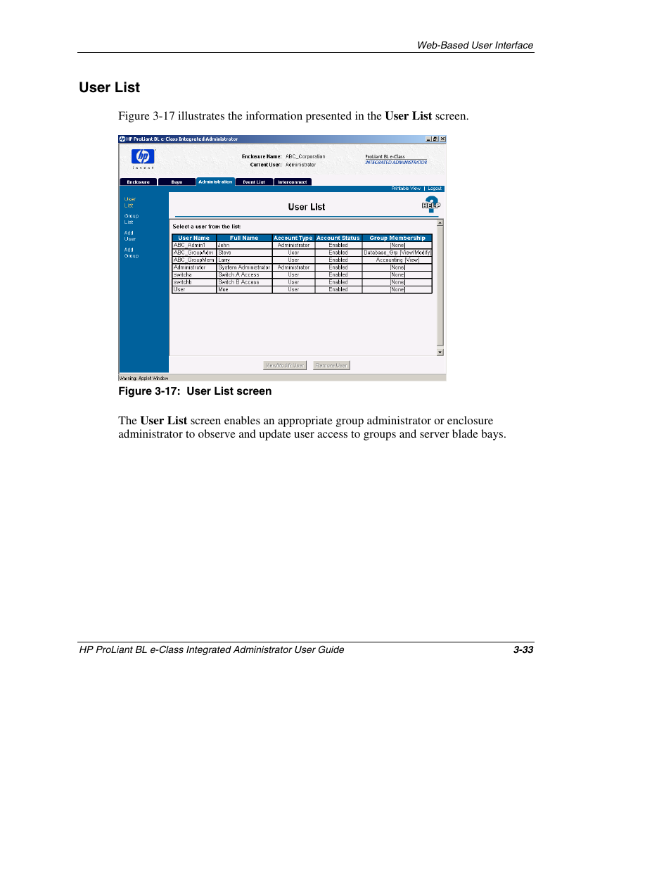 User list, User list -33 | HP ProLiant BL10e G2 Server Blade User Manual | Page 65 / 232