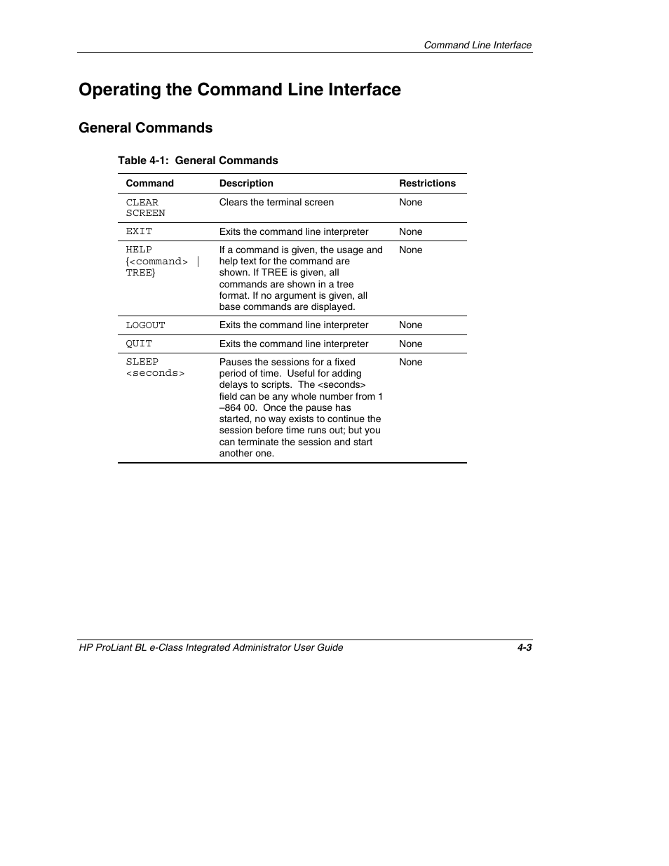 Operating the command line interface, General commands, Operating the command line interface -3 | General commands -3 | HP ProLiant BL10e G2 Server Blade User Manual | Page 81 / 232