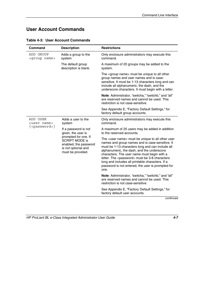 User account commands, User account commands -7 | HP ProLiant BL10e G2 Server Blade User Manual | Page 85 / 232