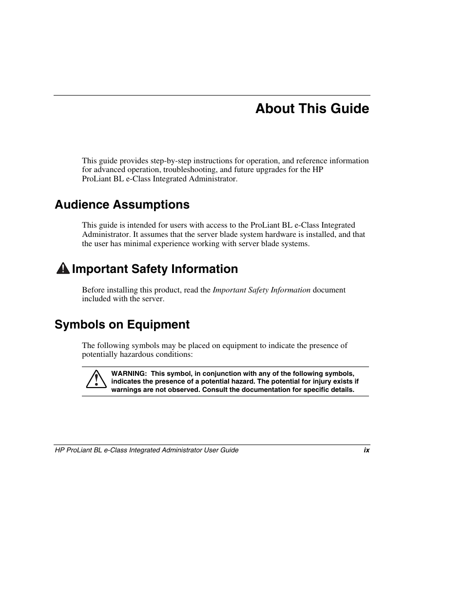 About this guide, Audience assumptions, Important safety information | Symbols on equipment | HP ProLiant BL10e G2 Server Blade User Manual | Page 9 / 232