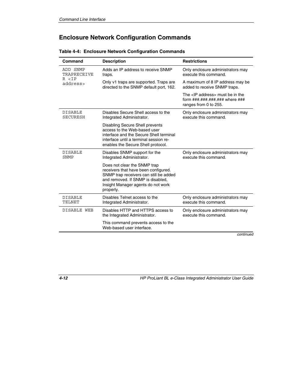 Enclosure network configuration commands, Enclosure network configuration commands -12 | HP ProLiant BL10e G2 Server Blade User Manual | Page 90 / 232