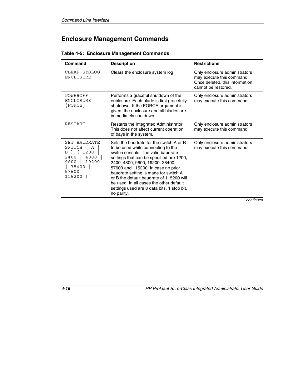 Enclosure management commands, Enclosure management commands -16 | HP ProLiant BL10e G2 Server Blade User Manual | Page 94 / 232