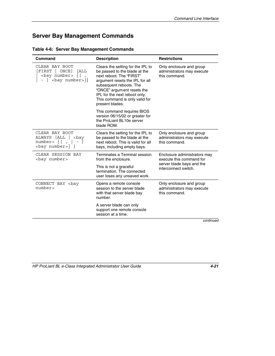 Server bay management commands, Server bay management commands -21 | HP ProLiant BL10e G2 Server Blade User Manual | Page 99 / 232