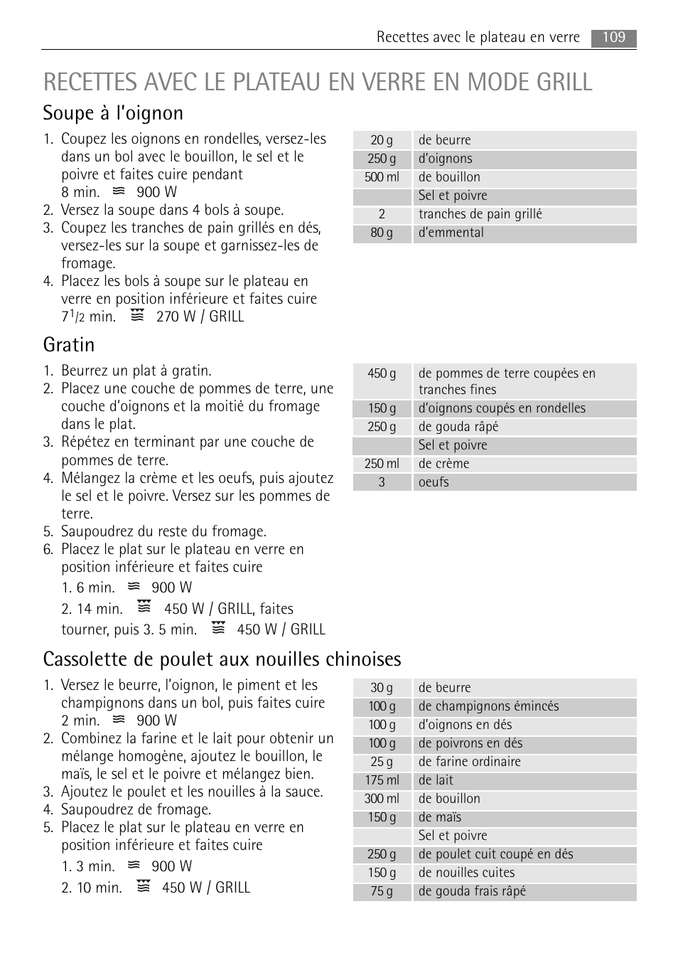 Recettes avec le plateau en verre en mode grill, Soupe à l’oignon, Gratin | Cassolette de poulet aux nouilles chinoises | AEG MCC4061E-M User Manual | Page 109 / 252