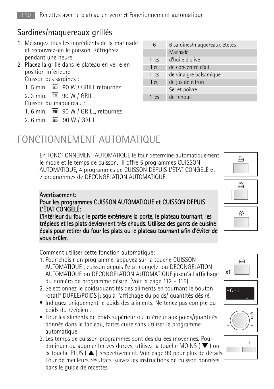 Fonctionnement automatique, Sardines/maquereaux grillés | AEG MCC4061E-M User Manual | Page 110 / 252