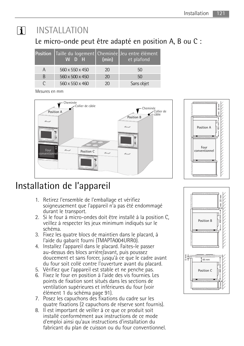 Installation de l’appareil, Installation, 121 installation | AEG MCC4061E-M User Manual | Page 121 / 252
