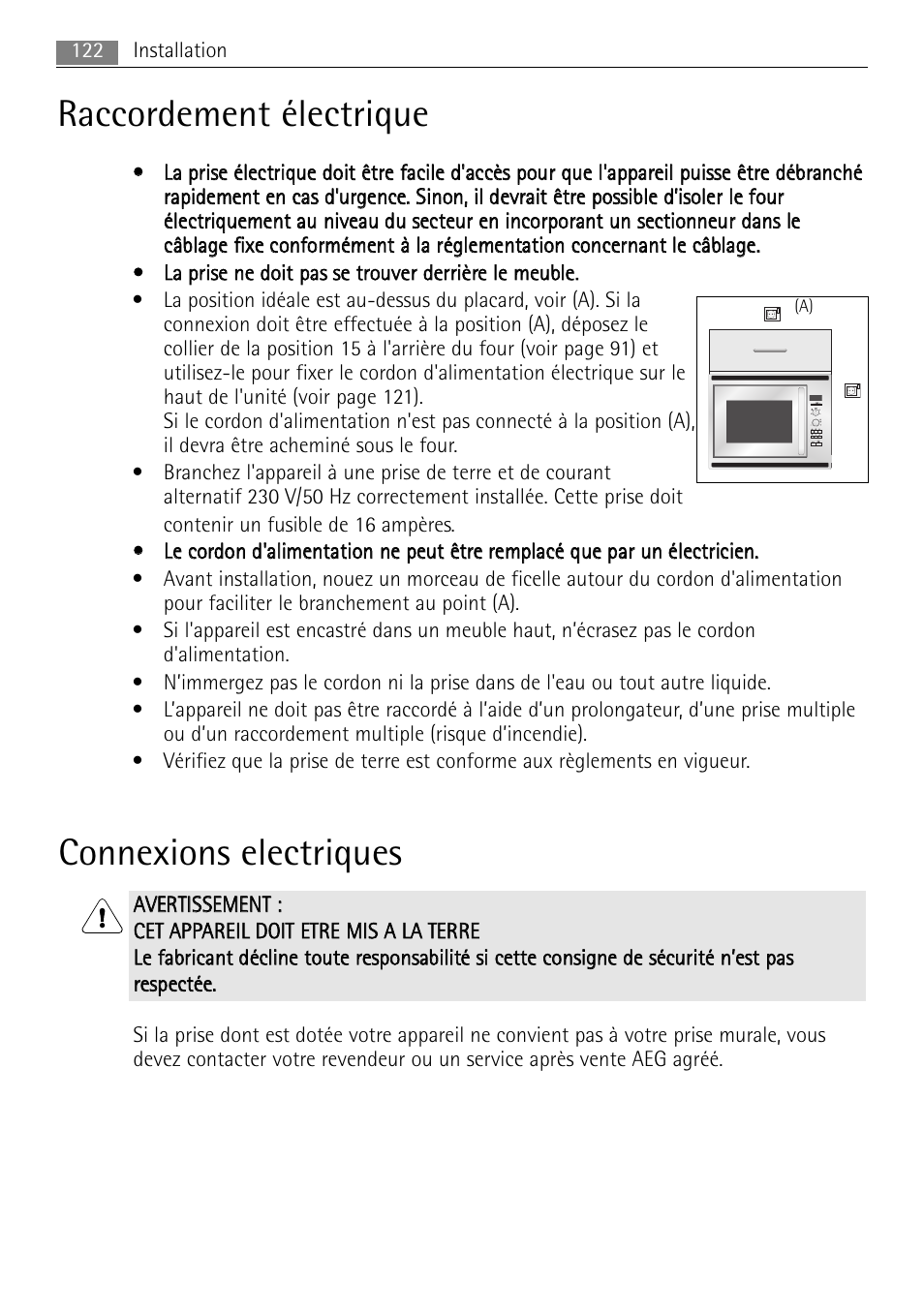 Raccordement électrique, Connexions electriques | AEG MCC4061E-M User Manual | Page 122 / 252