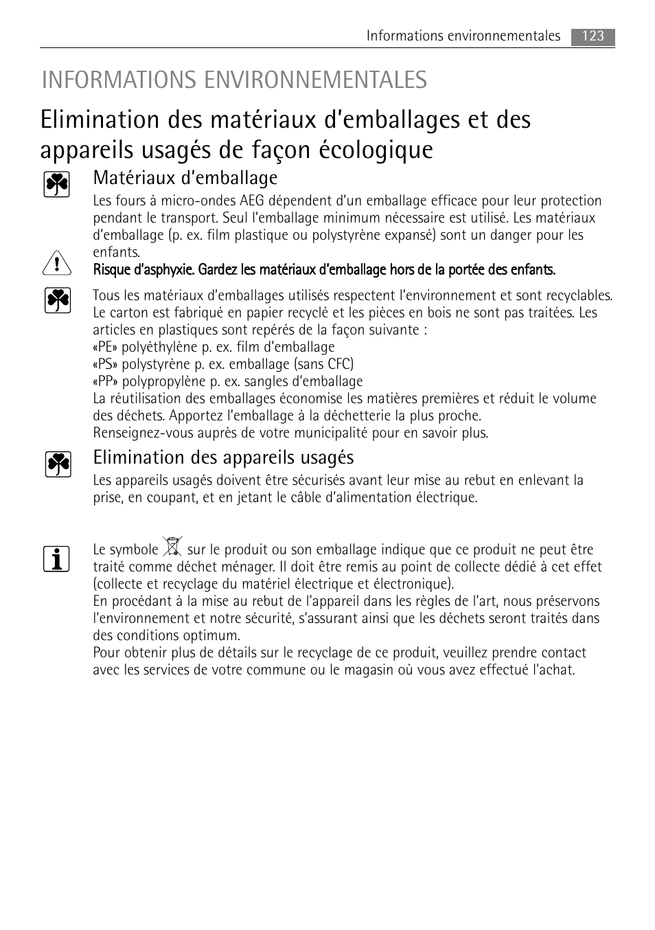 Informations environnementales, Matériaux d’emballage, Elimination des appareils usagés | AEG MCC4061E-M User Manual | Page 123 / 252
