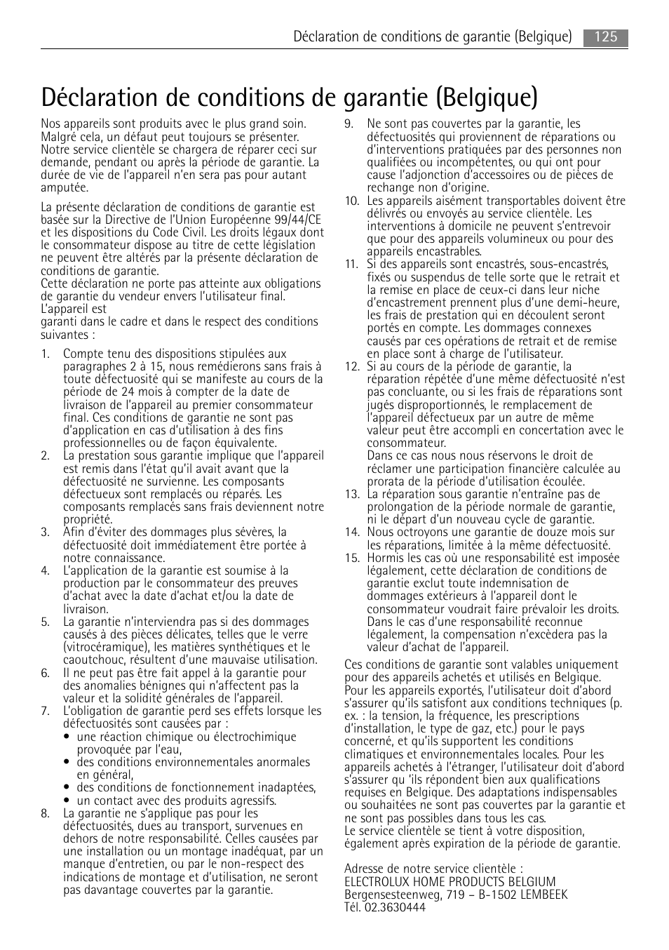 Déclaration de conditions de garantie (belgique) | AEG MCC4061E-M User Manual | Page 125 / 252