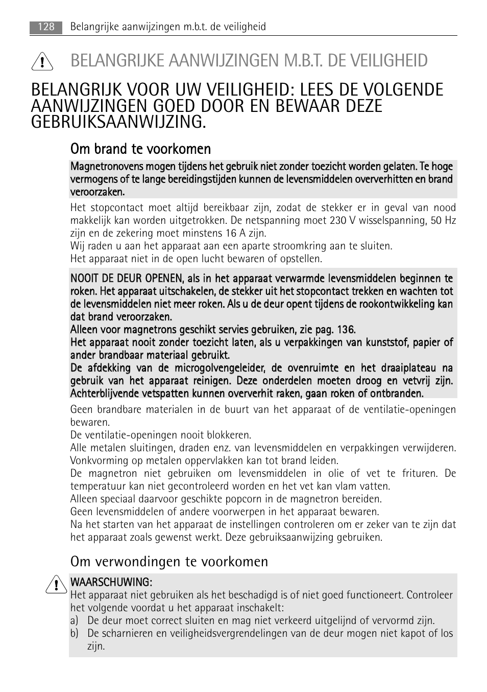 Oom m b brraan nd d ttee vvo oo orrkko om meen n, Om verwondingen te voorkomen | AEG MCC4061E-M User Manual | Page 128 / 252