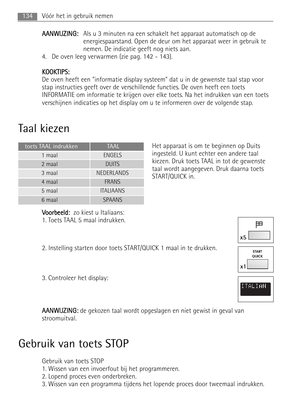 Taal kiezen, Gebruik van toets stop | AEG MCC4061E-M User Manual | Page 134 / 252