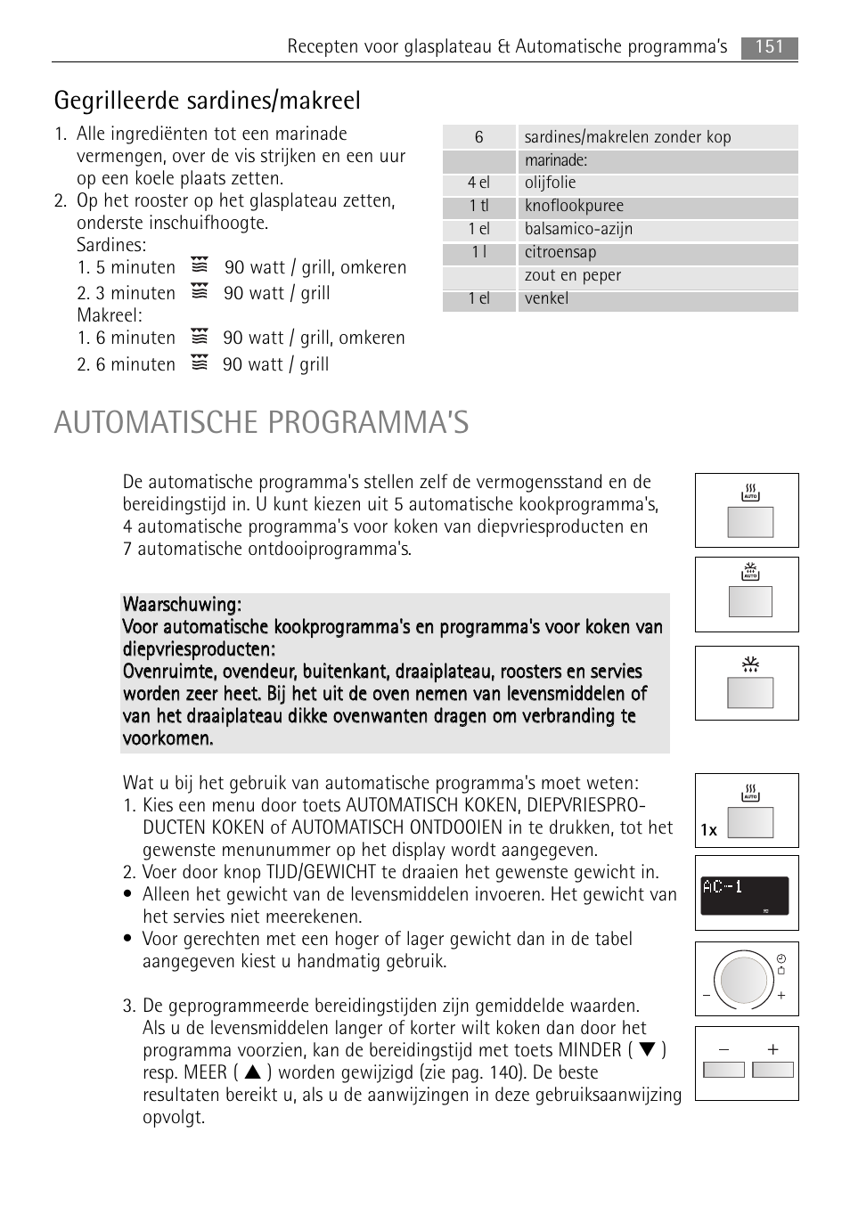 Automatische programma’s, Gegrilleerde sardines/makreel | AEG MCC4061E-M User Manual | Page 151 / 252
