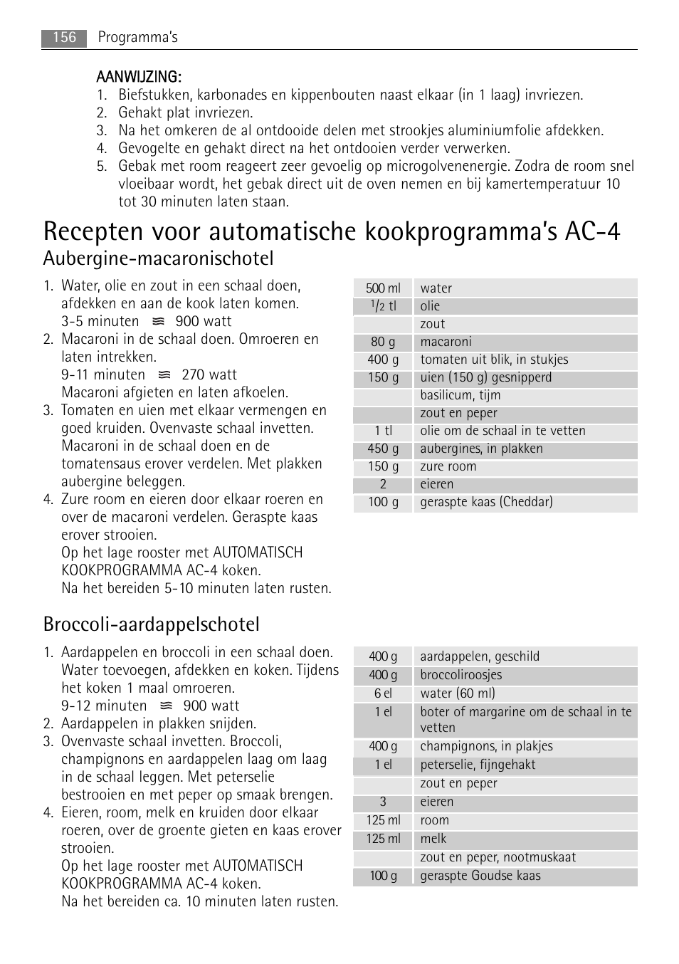 Recepten voor automatische kookprogramma’s ac-4, Aubergine-macaronischotel, Broccoli-aardappelschotel | AEG MCC4061E-M User Manual | Page 156 / 252