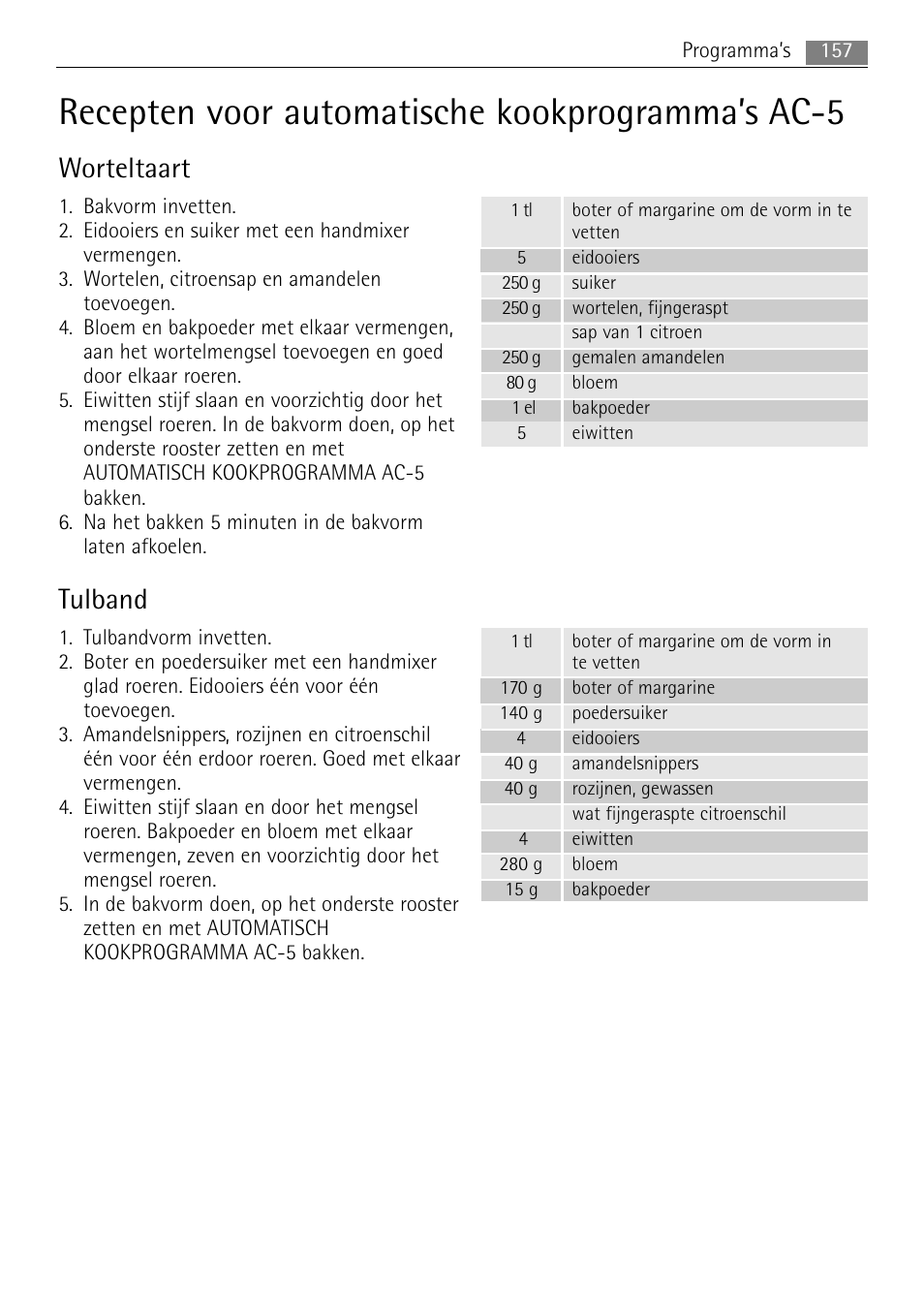 Recepten voor automatische kookprogramma’s ac-5, Worteltaart, Tulband | AEG MCC4061E-M User Manual | Page 157 / 252