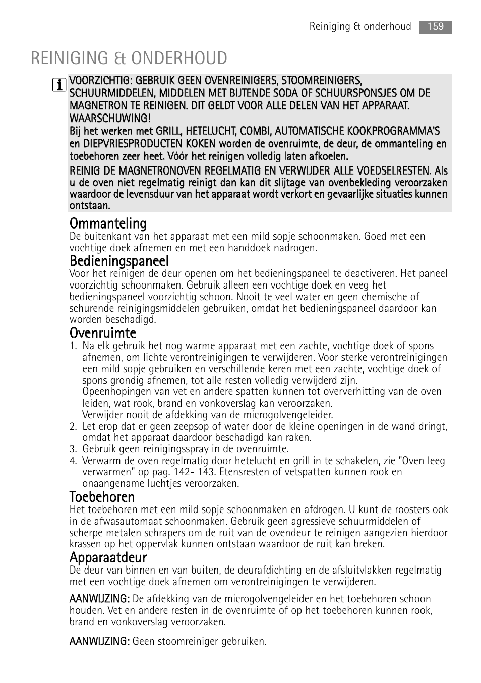Reiniging & onderhoud, Oom mm maan ntteelliin ng g, Oovveen nrru uiim mttee | Tto oeeb beeh ho orreen n | AEG MCC4061E-M User Manual | Page 159 / 252