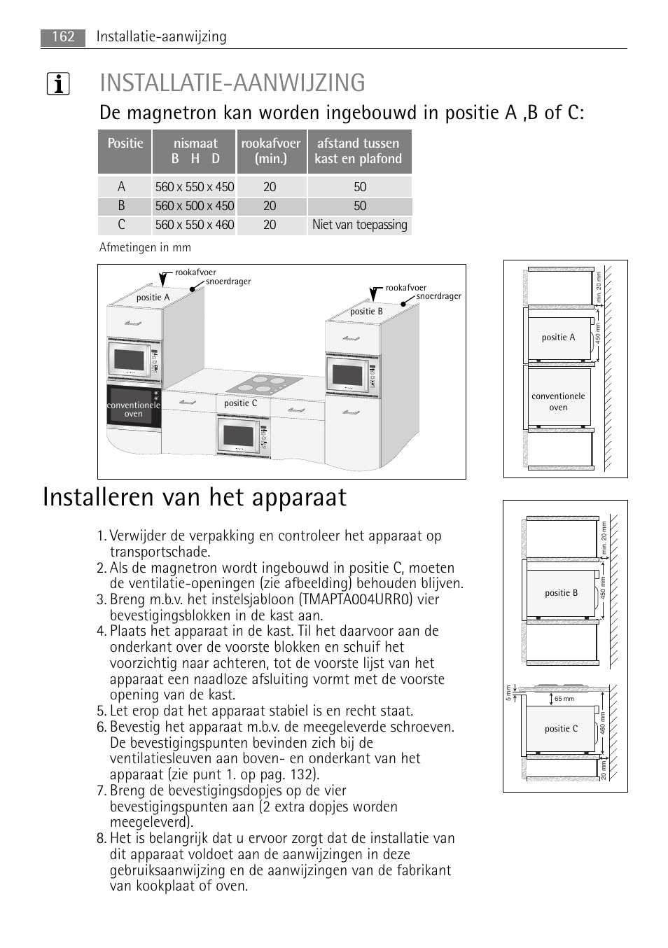 Installeren van het apparaat, Installatie-aanwijzing, 162 installatie-aanwijzing | AEG MCC4061E-M User Manual | Page 162 / 252