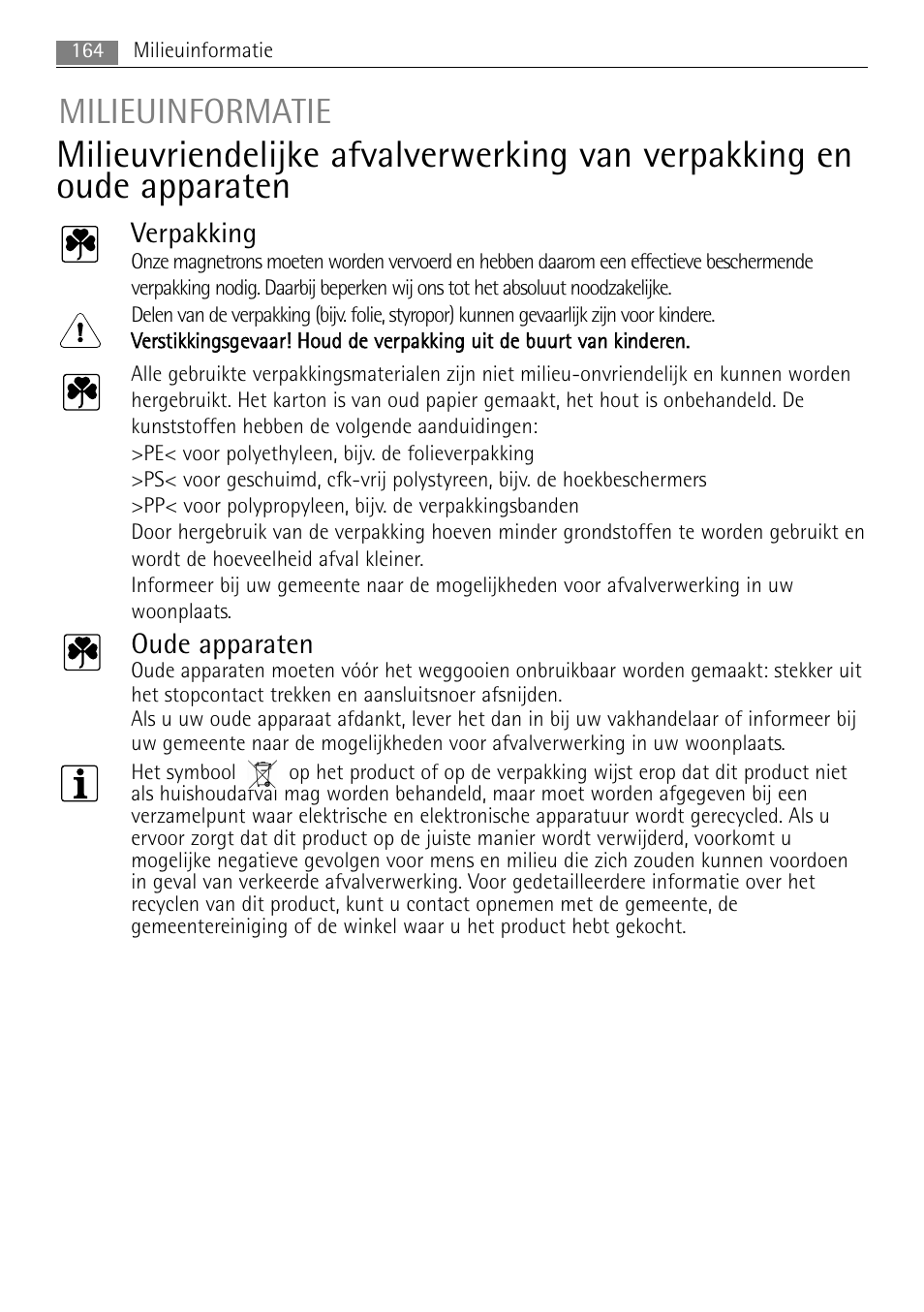 Milieuinformatie, Verpakking, Oude apparaten | AEG MCC4061E-M User Manual | Page 164 / 252