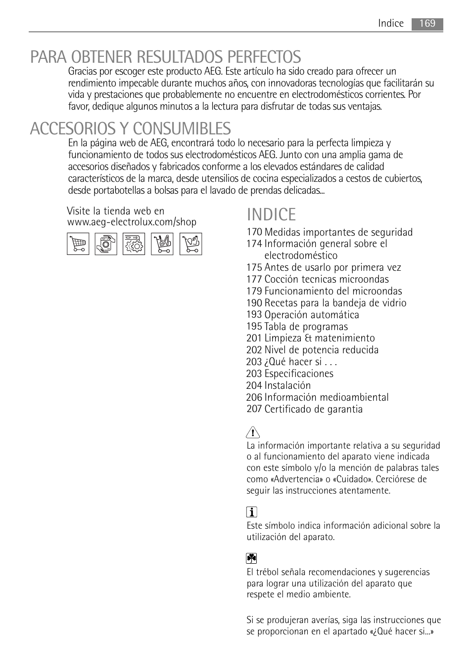 Spanish 40 l_aeg guidelines-mg, Para obtener resultados perfectos, Accesorios y consumibles | Indice | AEG MCC4061E-M User Manual | Page 169 / 252