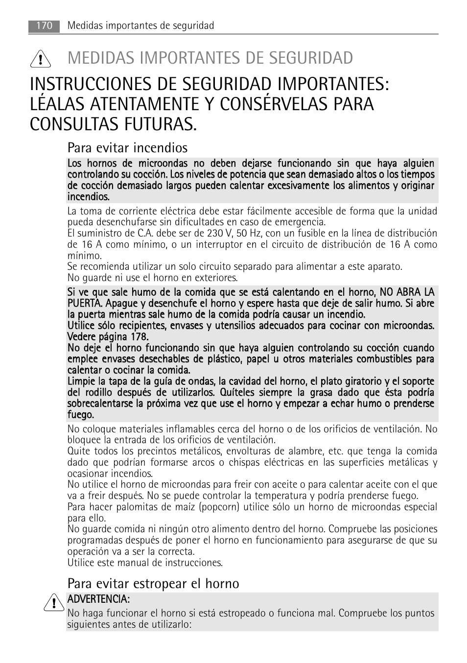 Medidas importantes de seguridad, Para evitar incendios, Para evitar estropear el horno | AEG MCC4061E-M User Manual | Page 170 / 252