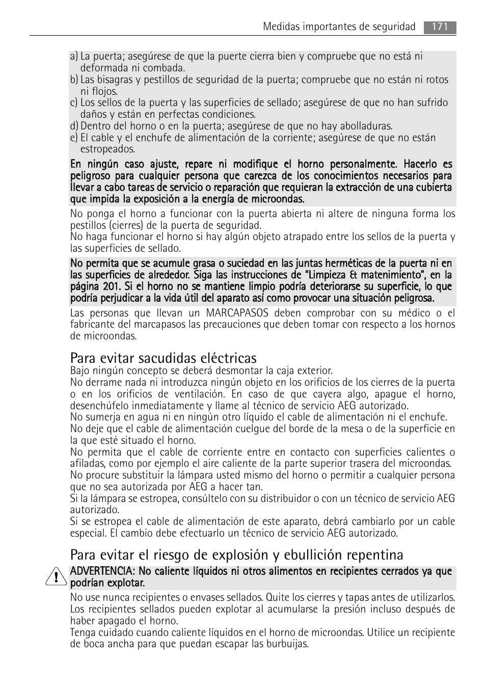 Para evitar sacudidas eléctricas | AEG MCC4061E-M User Manual | Page 171 / 252