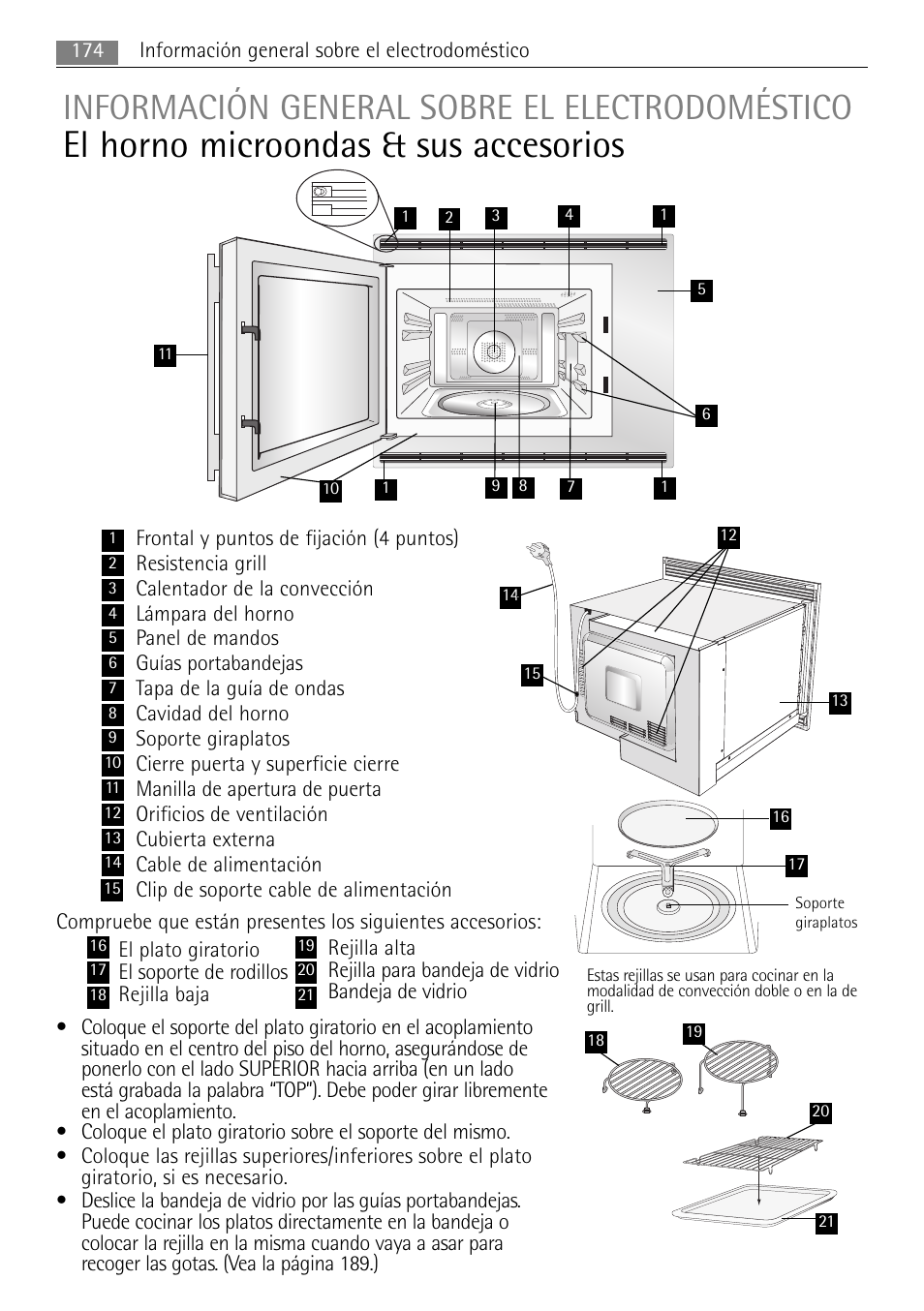 El horno microondas & sus accesorios, Información general sobre el electrodoméstico | AEG MCC4061E-M User Manual | Page 174 / 252
