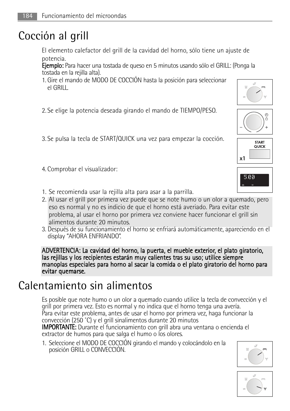 Cocción al grill, Calentamiento sin alimentos | AEG MCC4061E-M User Manual | Page 184 / 252