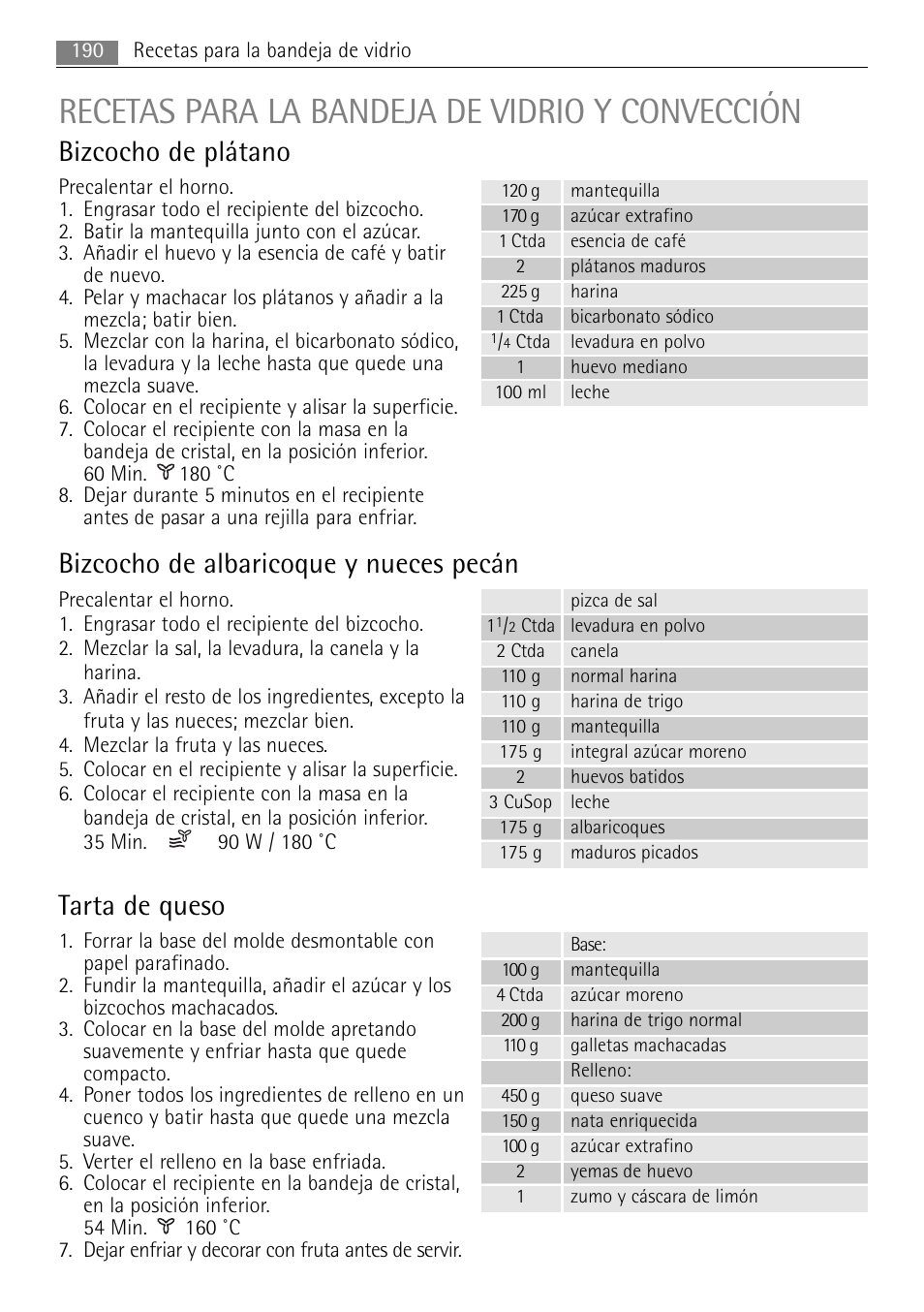 Recetas para la bandeja de vidrio y convección, Bizcocho de plátano, Bizcocho de albaricoque y nueces pecán | Tarta de queso | AEG MCC4061E-M User Manual | Page 190 / 252