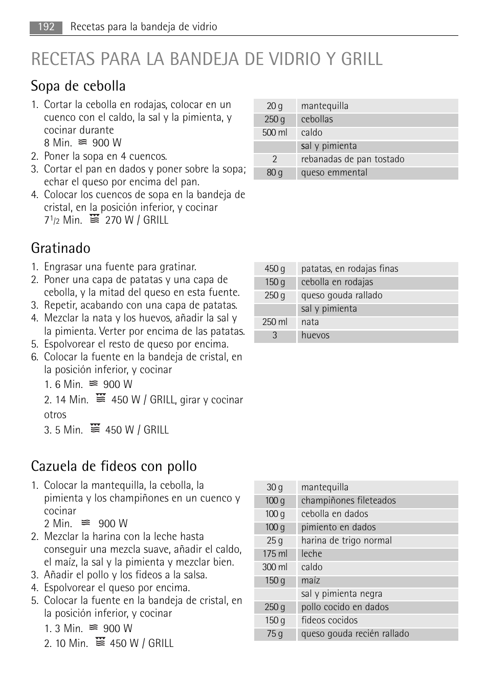 Recetas para la bandeja de vidrio y grill, Sopa de cebolla, Gratinado | Cazuela de fideos con pollo | AEG MCC4061E-M User Manual | Page 192 / 252
