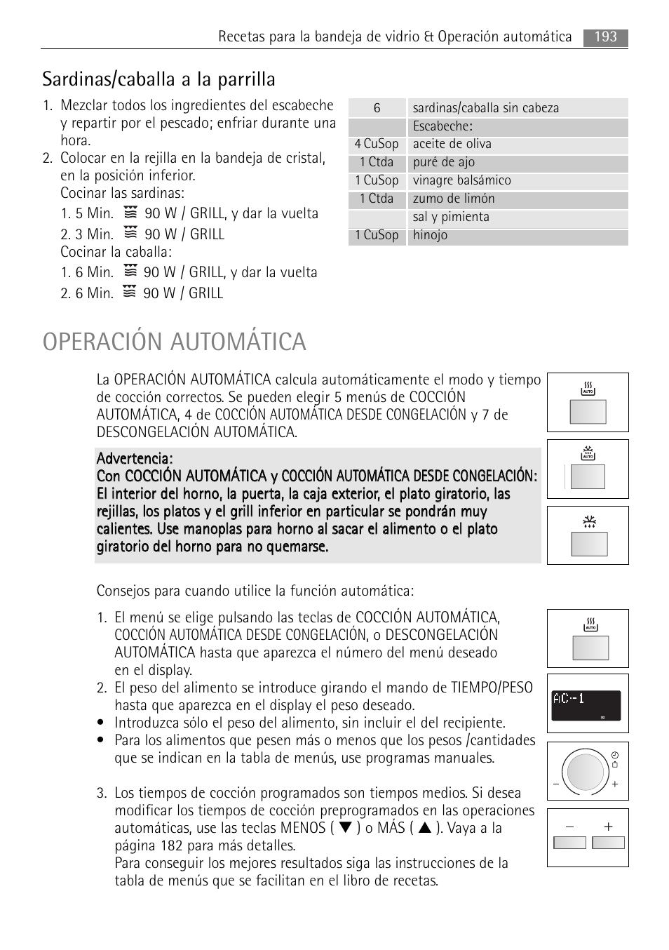 Operación automática, Sardinas/caballa a la parrilla | AEG MCC4061E-M User Manual | Page 193 / 252