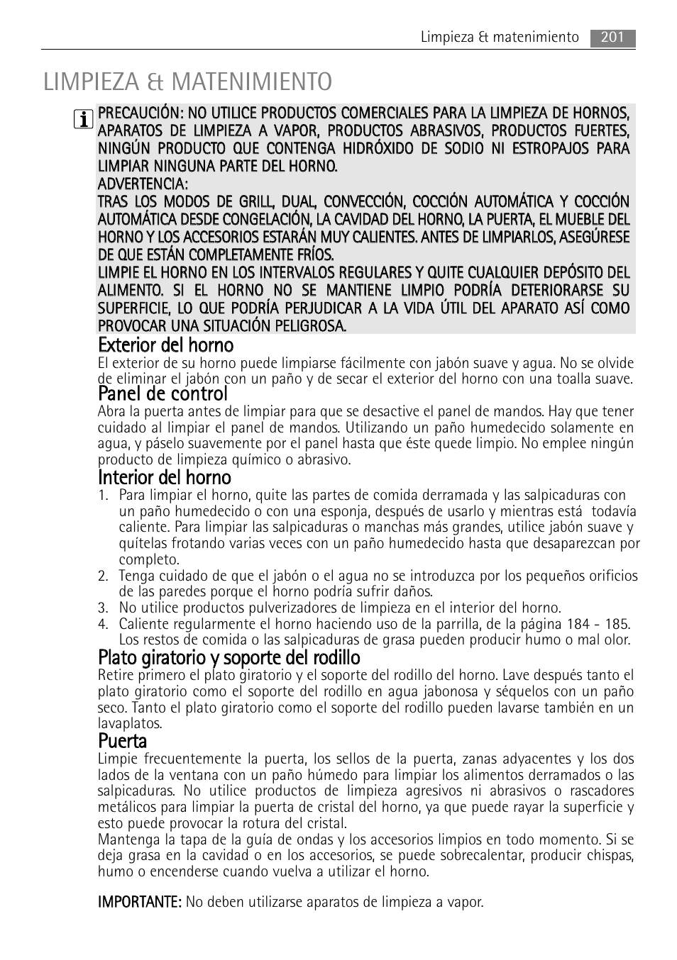 Limpieza & matenimiento, Eexxtteerriio orr d deell h ho orrn no o, Ppaan neell d dee cco on nttrro oll | Iin ntteerriio orr d deell h ho orrn no o, Ppu ueerrttaa | AEG MCC4061E-M User Manual | Page 201 / 252