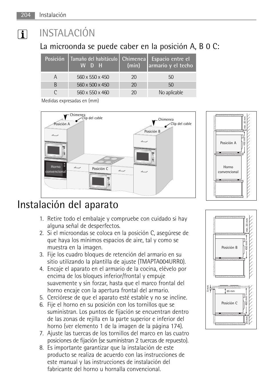 Instalación del aparato, Instalación, 204 instalación | AEG MCC4061E-M User Manual | Page 204 / 252