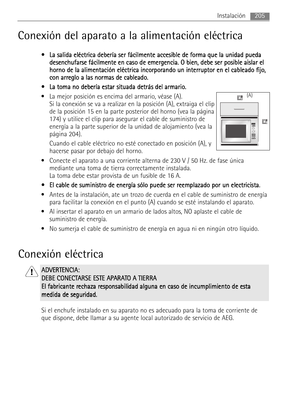Conexión del aparato a la alimentación eléctrica, Conexión eléctrica | AEG MCC4061E-M User Manual | Page 205 / 252